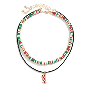 Christmas layered necklace set with festive clay beads and a candy cane heart pendant