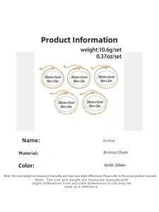 Detailed size chart for five-piece gold and silver punk chain anklet set in bronze