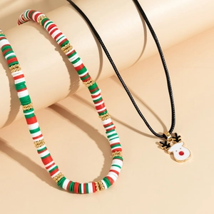 Detail of Christmas beaded choker set with festive snowman and reindeer pendant jewelry