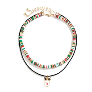 Detail of Christmas beaded choker necklace with reindeer pendant and colorful Heishi beads
