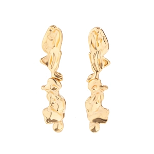 Modern irregular molten lava gold earrings with liquid metal fold texture on white background