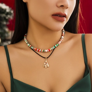 Christmas beaded choker set with colorful clay beads and a festive gold tree pendant