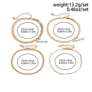 Detailed view of four-piece gold anklet set with snake and cuban chain measurements