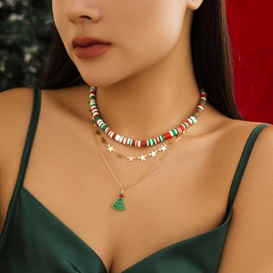 Three-layer Christmas necklace set with colorful beads, stars and tree pendant