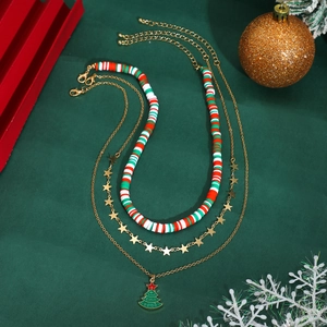Three-piece Christmas choker set with snowman colors, stars, and tree pendants