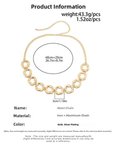 Size chart showing gold and silver liquid metal waist chain with specific dimensions