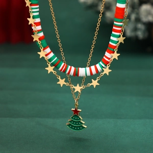 Detail of multi-layer Christmas necklace with clay beads and enamel tree pendant