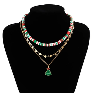 Detailed layered Christmas necklace with tree pendant and colorful polymer clay beads