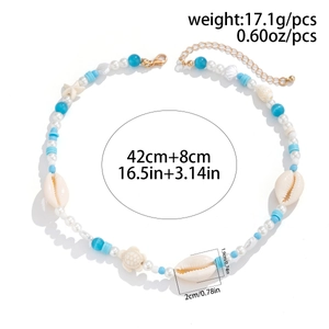 Ocean-themed beaded necklace with faux pearls, blue beads, shell and starfish charms