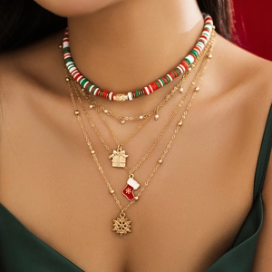 5-layer Christmas choker set with festive clay beads, snowflake and stocking charms