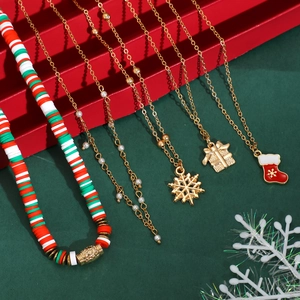 Christmas layered necklace set with snowman charms and colorful beaded choker