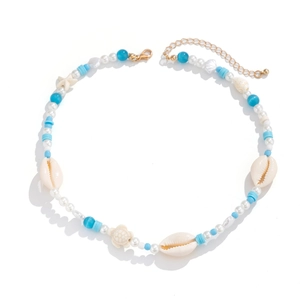 Detail of ocean-style beaded necklace with starfish, seashell, and turtle pendants