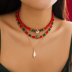 Three-layer Christmas choker necklace set with Santa, gift box and tree pendants