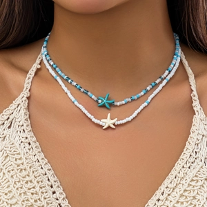 Starfish pendant beaded necklace set with blue and white beads for beach style