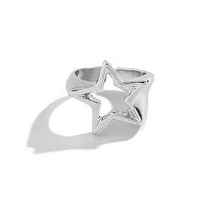 Detailed view of silver minimalist hollow star open ring with adjustable metal band