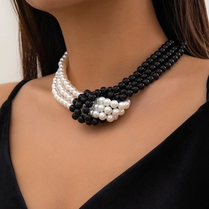 Detail of multi-layer faux pearl choker with contrasting black and white bead strands