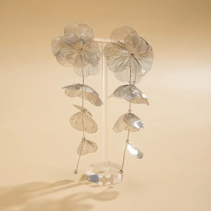 Détail de boucles d'oreilles pendantes fleurs argentées sur un présentoir