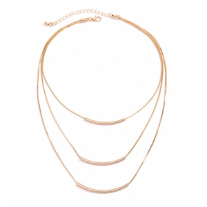 Three-layer gold snake chain necklace with curved polished metal tube pendants