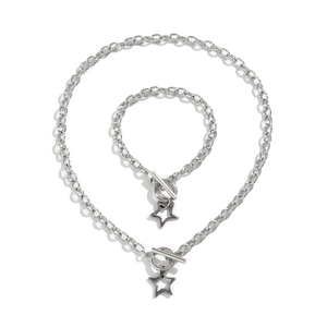 Minimalist silver star necklace and bracelet set with industrial toggle clasp design