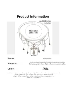 Detailed size chart for vintage pearl waist chain with cross pendant and metal layers