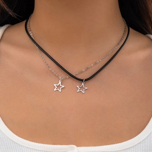 Minimalist double layer star necklace featuring silver chain and black cord for women
