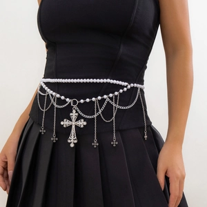 Retro multi-layer pearl body chain with silver cross pendants for waist decoration