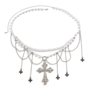 Layered faux pearl body chain featuring vintage silver cross pendants and tassels