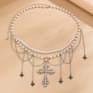 Cross waist chain with layered pearls and sparkling rhinestone cross pendant