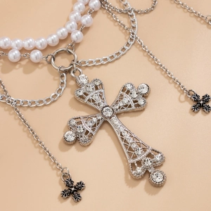 Vintage cross tassel waist chain with white faux pearls and rhinestone metal charms