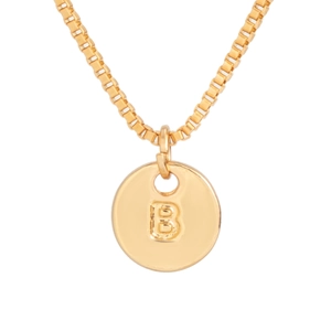 Close-up of gold-plated box chain necklace with embossed letter B round pendant