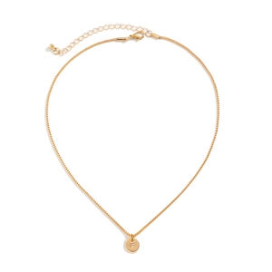 Detailed macro view of gold letter F round pendant with lobster clasp and extension chain