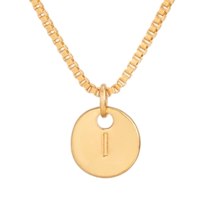 Detailed view of golden box chain necklace with a letter I engraved round pendant