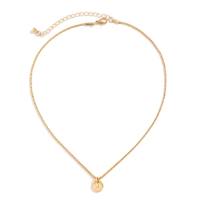 Detailed close-up of gold tone letter J pendant with box chain and lobster clasp