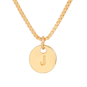 Close-up of gold coin pendant necklace featuring an engraved letter J on a box chain