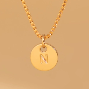 Macro shot of gold-plated round pendant with engraved letter N on a box chain