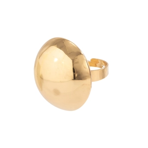 Detailed view of large gold dome ring with mirror-polished surface and wide open band