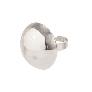 Macro view of polished silver metal ring featuring a large hemispherical disc design