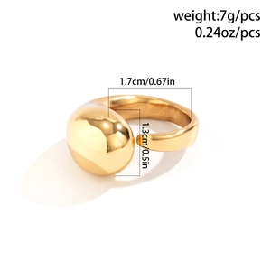 Detailed view of a gold sculptural ring with polished waterdrop end and size dimensions