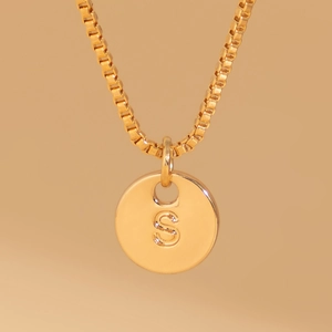 Macro shot of gold box chain and round pendant with engraved letter S on brown background