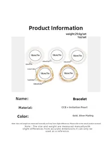 Guide des tailles détaillé pour ensemble de 5 bracelets perles et or, circonférence 18cm