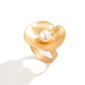Artistic gold flower ring with large pearl and irregular crumpled matte petals