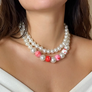Doppellagige Imitationsperle Halskette Süßes Herz Lippen Vierblättriges Kleeblatt Bedruckte Künstliche Perlen XOXO LOVE Halskette Für Damen