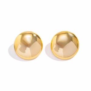 Close-up of golden spherical stud earrings with polished mirror finish on white background
