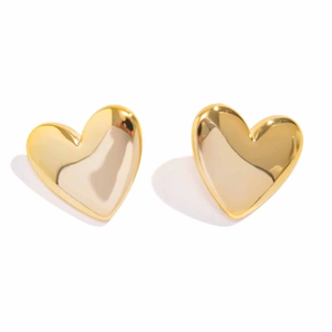 Minimalist gold heart stud earrings with polished mirror finish in a modern geometric style