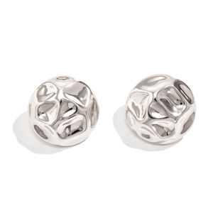 Detail view of silver geometric stud earrings with irregular crumpled texture design