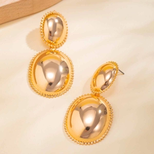 Elegant gold geometric drop earrings with beaded texture and high-gloss mirror finish