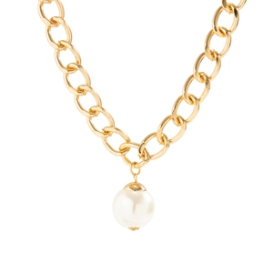 Detailed close-up of thick gold-plated link necklace with large white pearl pendant