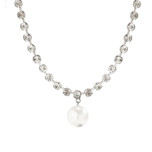 Elegant silver V-shaped necklace with sparkling rhinestones and white pearl pendant drop