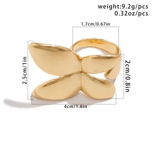 Golden oversized butterfly ring with metallic texture and detailed size dimensions