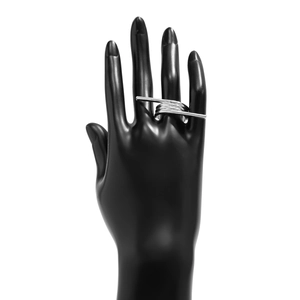 Detailed view of silver minimalist multi-layer coiled metal ring with a bar accent
